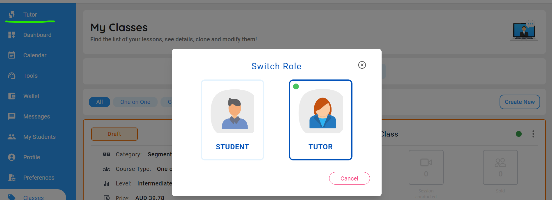 Switch to Tutor Role - see menu